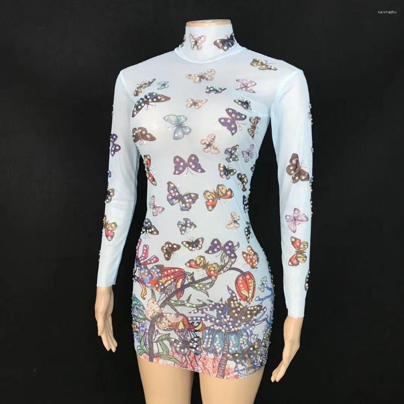 

Stage Wear Butterfly Pattern Printing Mesh Rhinestones Dress Women Singer Bar Concert Costume Evening Prom Birthday Performance, Picture color