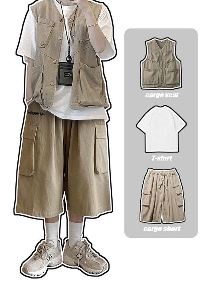 

Men' Tracksuits Black Cargo Shorts Sets Men Khaki Oversize Working Vest Male Japanese Hip Hop Pocket Set Vests For MenMen, K pants