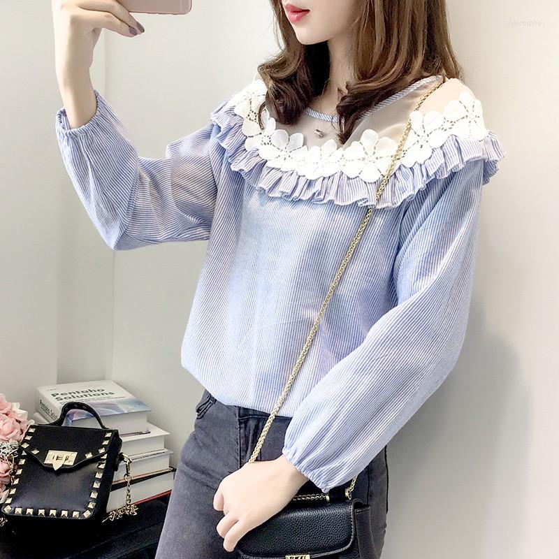 

Women's Blouses Women Blouse Spring Lace Long-Sleeved Shirt Loose Blusas Ropa De Mujer, Blue