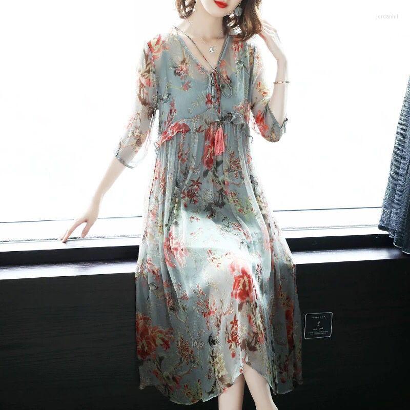

Party Dresses Women Clothing Print With Lining Summer Imitation Slik, Black