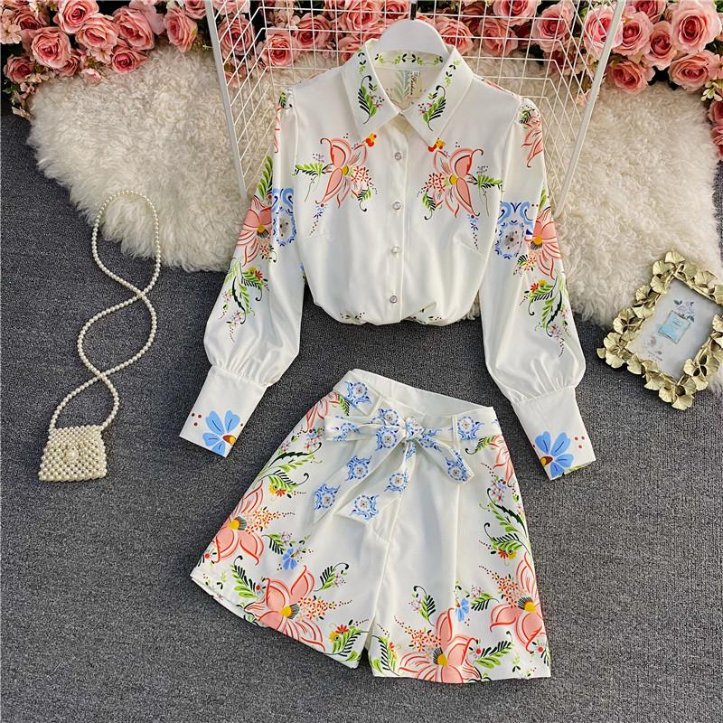 

Women's Tracksuits 2 Pieces Set Women Single-breasted Shirt Tops High Waist Shorts Sets Summer Short Pants Suits Bohemian Two Piece, Picture shown
