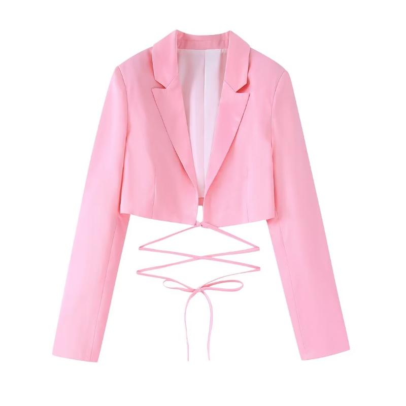 

Women's Suits & Blazers Women Fashion Front Tied Cropped Satin Blazer Coat Vintage Long Sleeve With Slit Cuffs Female Outerwear Chic TopsWom, 02