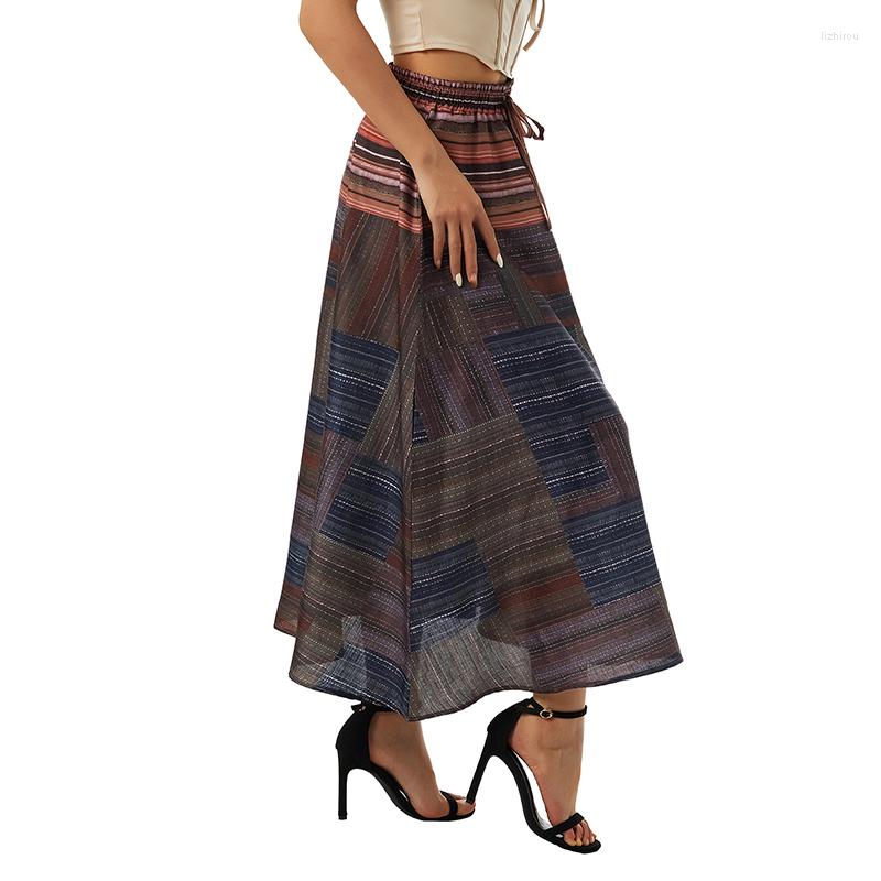 

Skirts Retro Women Summer Long Female Vintage Stripes Print Mesh Bohemian Style High Waist A Line Skirt Beachwear, Auburn