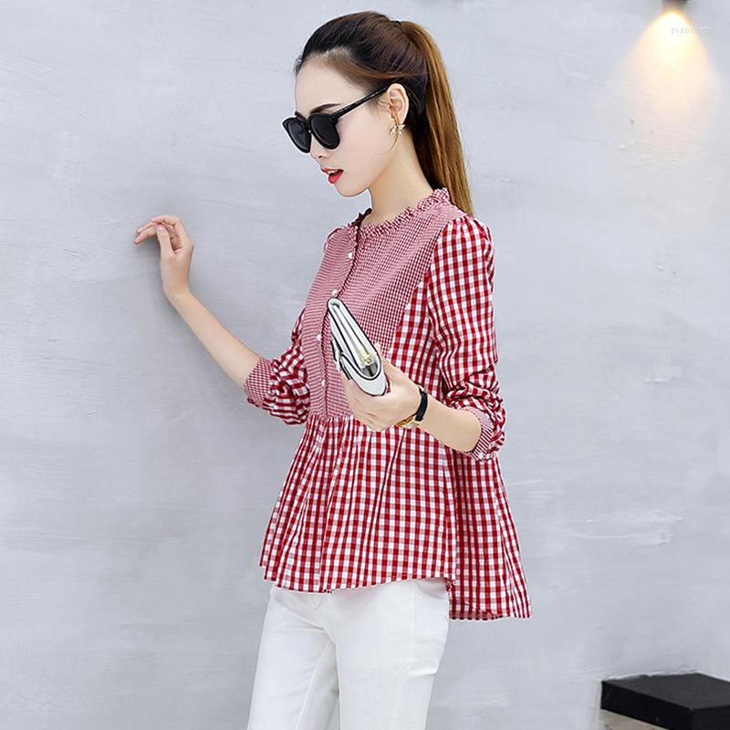 

Women's Blouses Women Spring Summer Style Shirts Lady Casual Long Sleeve Stand Collar Plaid Printed Blusas Tops RR0005, Red