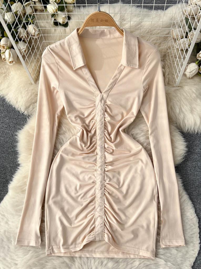 

Casual Dresses Foamlina Spring Autumn Women' Dress Sexy V-neck Long Sleeve Slim Fit Bodycon Ruched High Elastic Mini Party Sheath, Gray