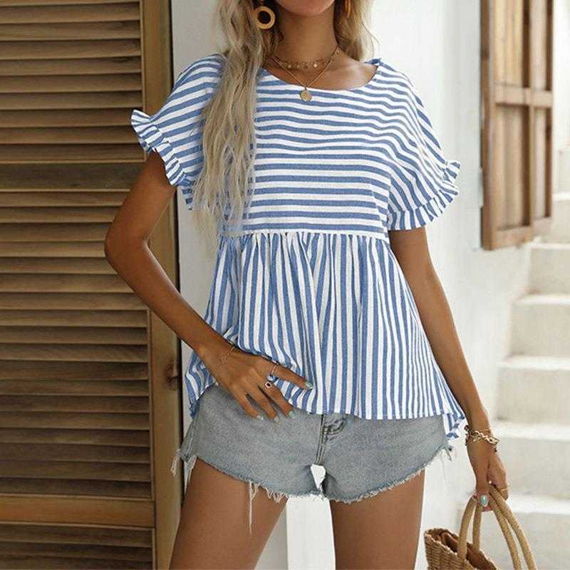 

Summer Womens Shirt Loose Top Short Sleeve Pullover Round Neck Striped, Wine