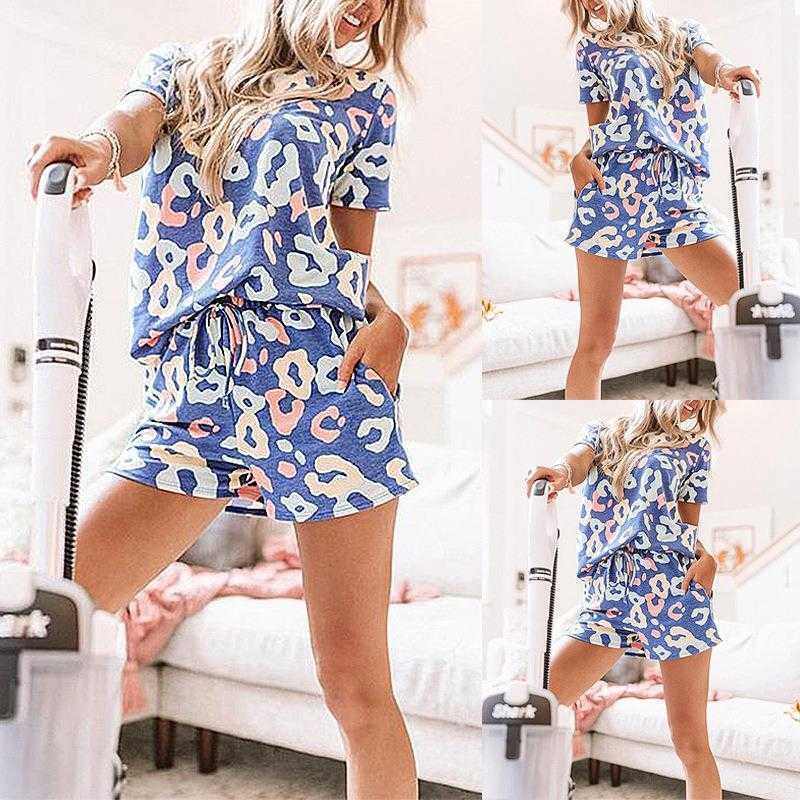 

Womens Printed Round Neck Pant Short Sleeve Tether Loose Leisure Suit, Blue