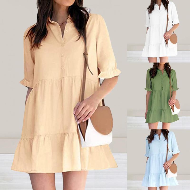 

Casual Dresses Preppy Style Puff Short Sleeve Mini Dress Ruffled Hem Women Lapel Single-Breasted For Party Sweet Summer, Sky blue