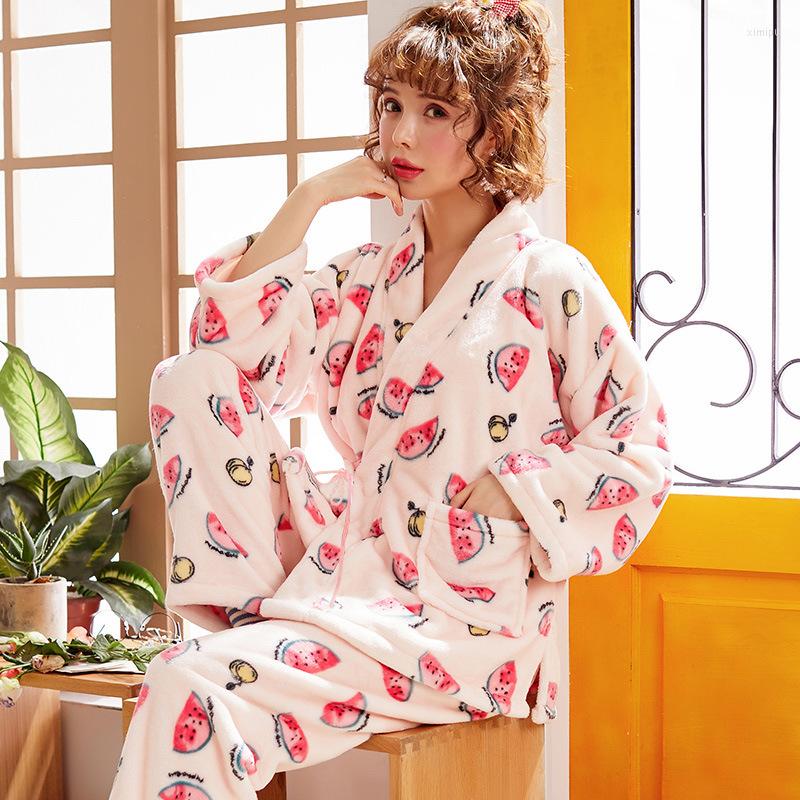 

Women's Sleepwear Women Winter Thick Coral Fleece Pajamas Kimono Bathrobe Robe Blet Long Sleeve Trousers Flannel Pajama Sets, Print women