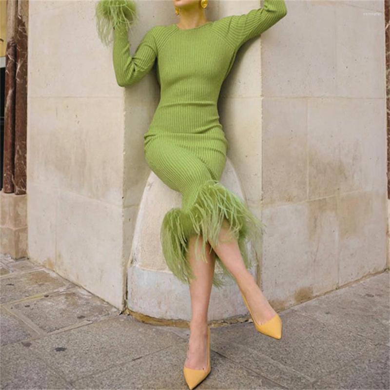 

Casual Dresses Puloru Faux Fur Hem Knit Ribbed Wrap Midi Dress For Women Fall Winter Elegant Long Sleeve O Neck Pencil Party Office Wear, Green