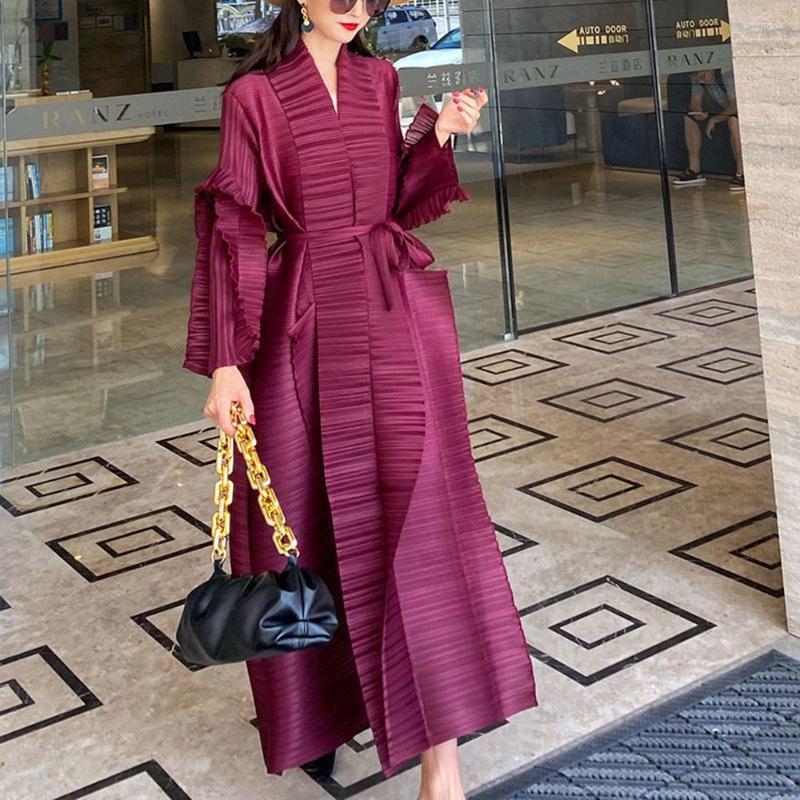 

Casual Dresses 2023 Autumn Fashion Women Maxi Pleated Dress Sashes Full Sleeve V Neck Loose Elegant Super Long Party Robe, Black