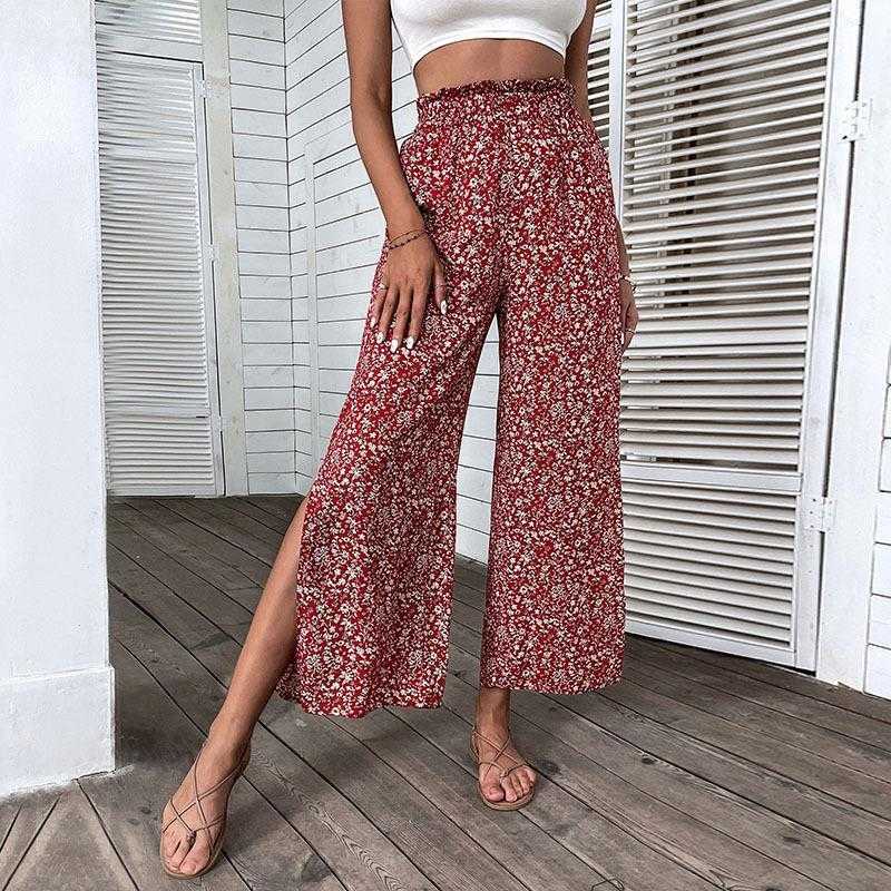 

Retro Red For Women Pants Rayon High Waist Cropped Wide Split Leg, Wine