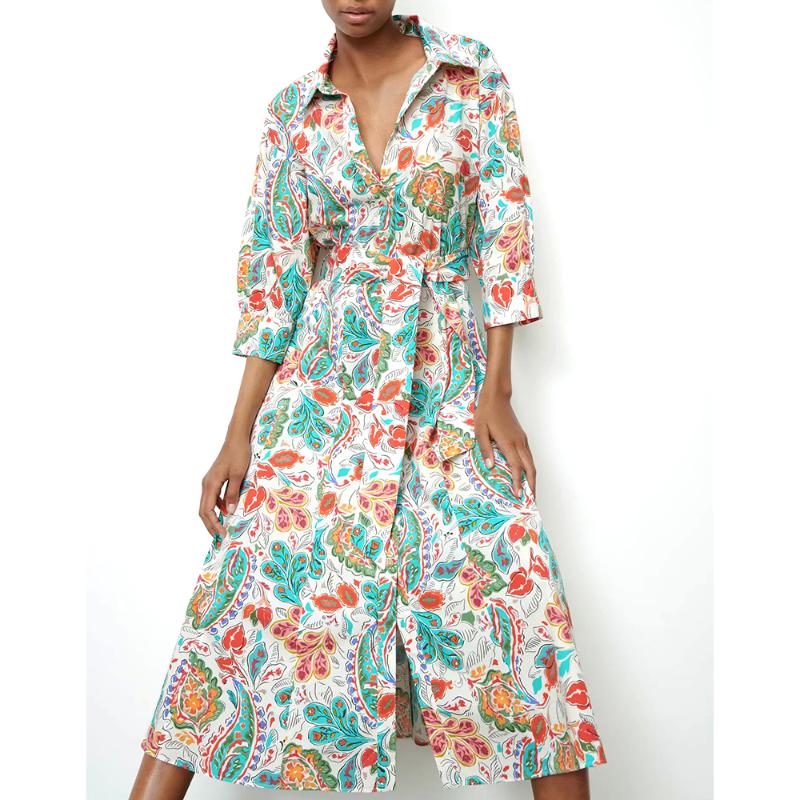 

Casual Dresses Le Luz Floral Hippie Boho Dress Vintage Printed Midi Women Autumn Long Sleeve V-neck Sashes Button Front Female, Cyan