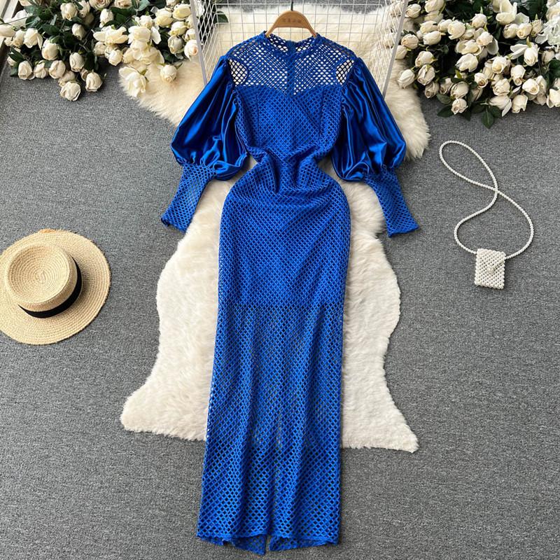 

Casual Dresses Design Hollow Out Lantern Long Sleeve Women' Split Hip Wrap Dress Vestidos Elegantes, Blue