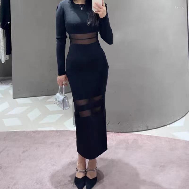 

Casual Dresses Women Sexy Waist Stitching Mesh Long Sleeve O-Neck Midi Dress