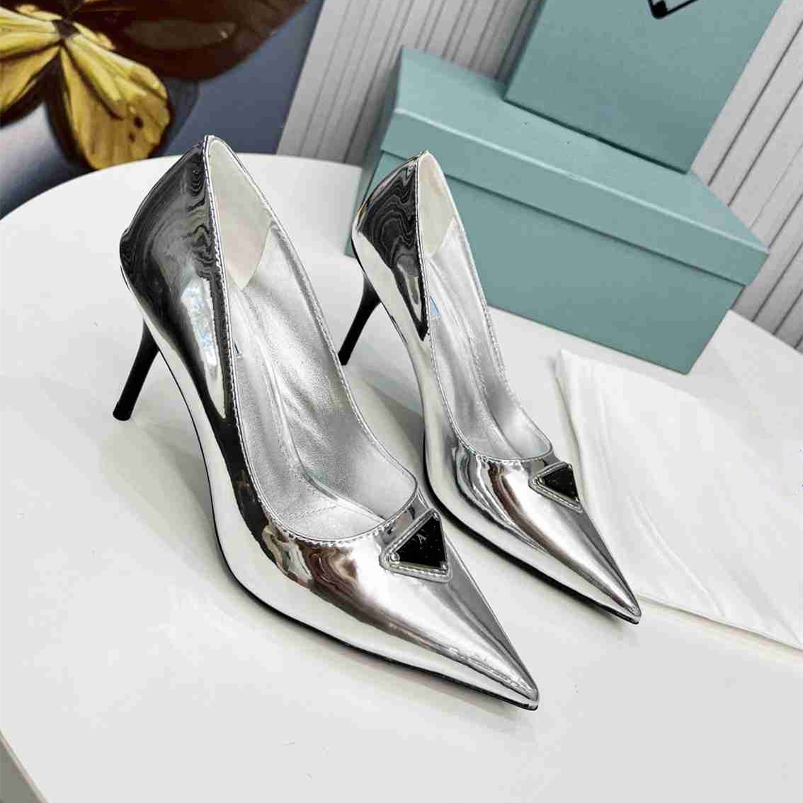 

High quality Designer Party Wedding Shoes Bride Women prad Ladies Sandals Fashion Sexy Dress Shoes Pointed Toe High Heels Leather Glitter p1
