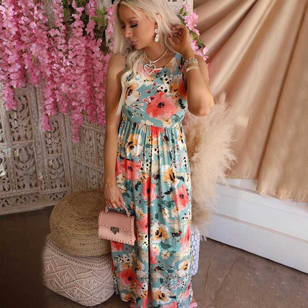 

Summer Printed Round Neck Casual Dresses Sleeveless High Waist Swing Dress, Color
