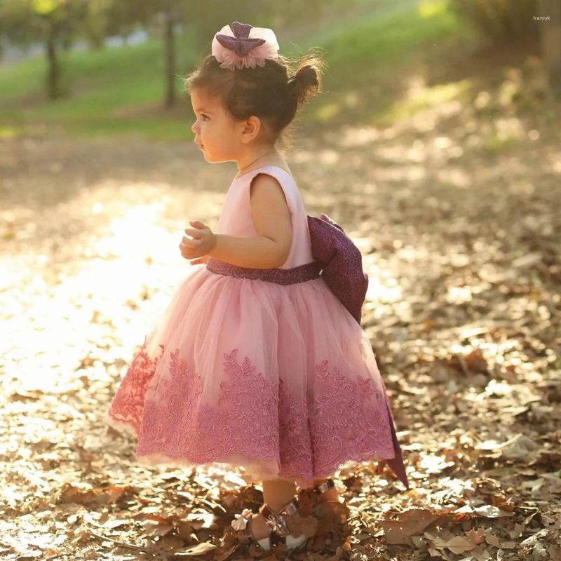 

Girl Dresses Cute Pink Flower Girls 2023 Big Bow Lace Applique Tulle Kids Wedding Party Dress Tea-Length Puffy Child Bridel Gowns, Black