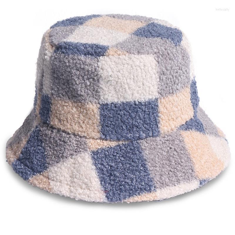 

Berets Women Men Winter Warm Fuzzy Plush Bucket Hat Sweet Color Block Plaid Printed Wide Brim Sunscreen Harajuku Fisherman Cap, Green