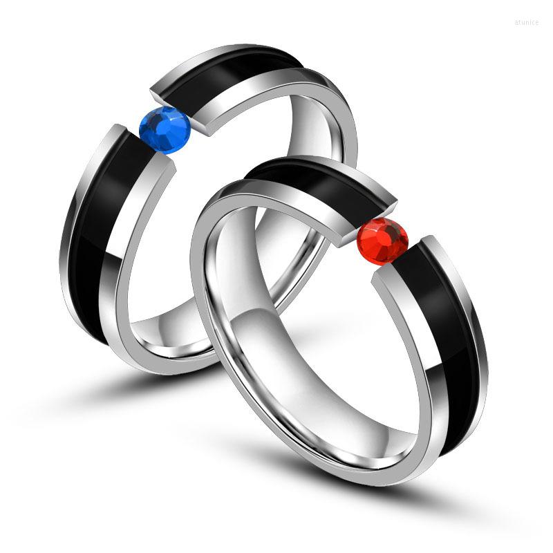 

Wedding Rings Fashion Red / Blue Zircon Ring Silver Color Titanium Steel Couple Promise Engagement Romantic Jewelry