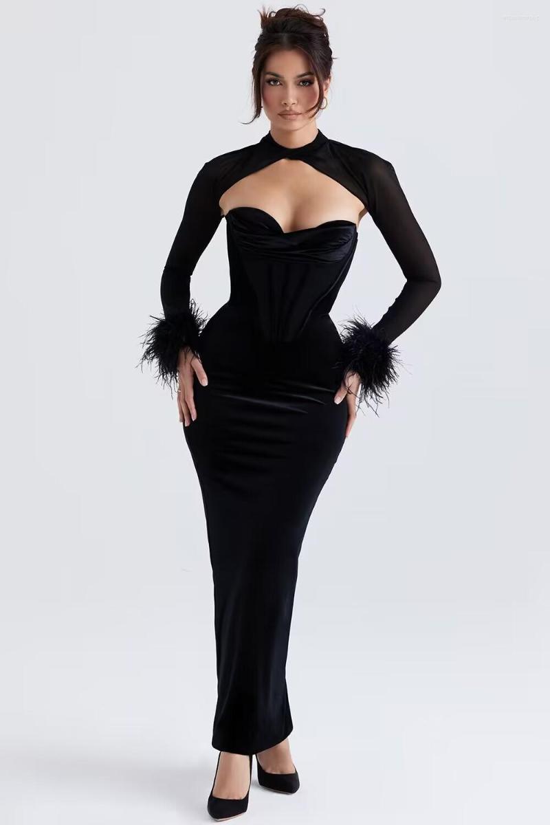 

Casual Dresses Sexy Bandage Dress Black Feather Long Sleeves Hollow Out Satin Fashion Party Celebrity Evening Bodycon Elegant Length