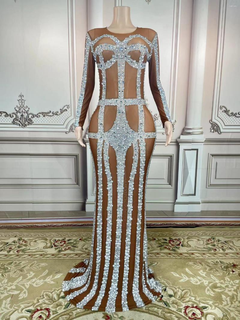 

Casual Dresses Sparkly Big Rhinestone Transparent Long Dress Evening Birthday Celebrate Luxurious Costume Dancer Plus Size, Picture shown