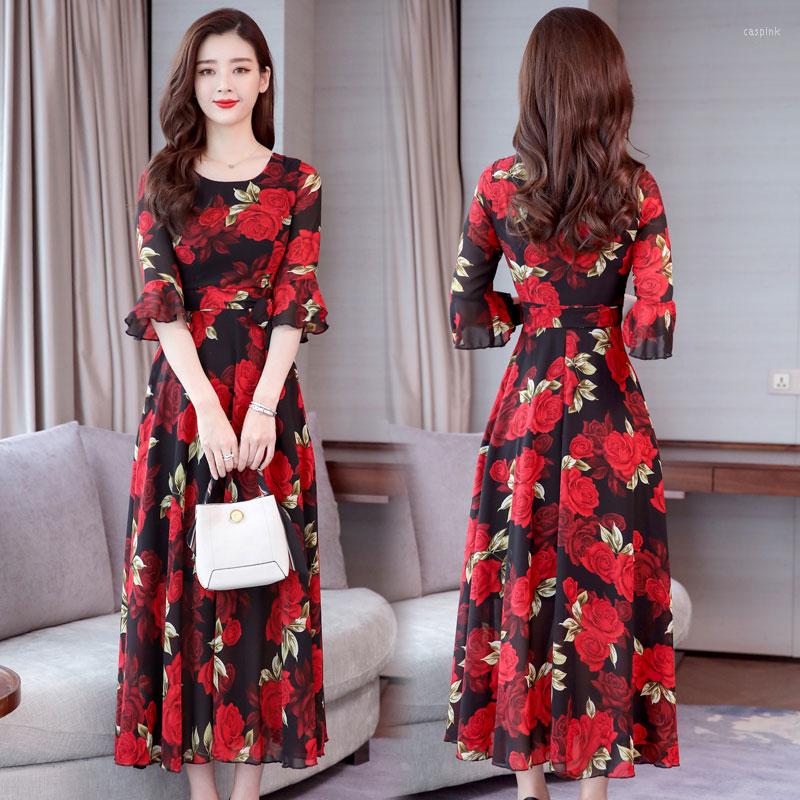 

Party Dresses Printing Chiffon Dress Top Selling Product In 2023 Slim Elegant Long Round Neck Women Summer Clothing 1160, Yellow