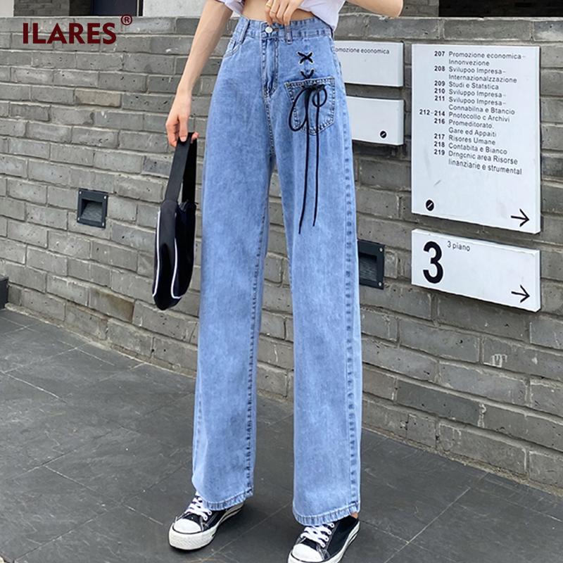 

Women' Jeans ILARES Woman Pants Mom For Women Boyfriend Bandage Pocket Denim Clothing Plus Size High Waist, Blue