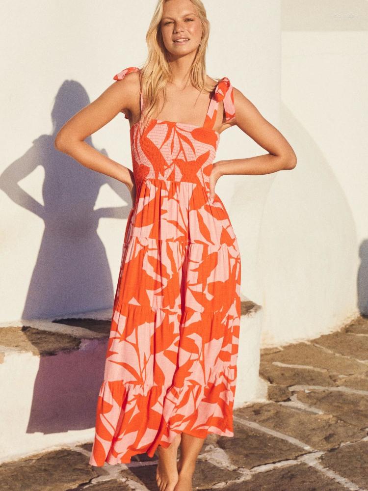 

Casual Dresses Sweet Spring Summer Sexy Slip Long Dress Printing Fashion Elegant Sleeveless Backless Bandage Floral 2023