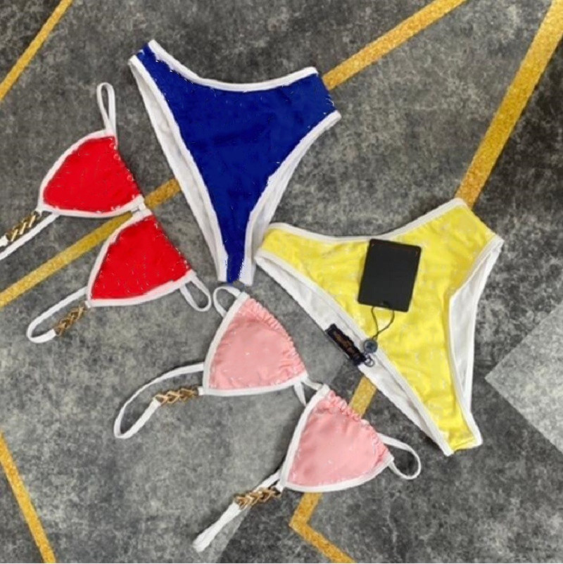 

Designer bikini swimsuit top 2023 Luxury Siamese velvet edge Sexy Embroidery Bikini Set Brand Letters Swimwears Designer Metal Chain High Quality Ladies Backles, Bl34 pink yellow