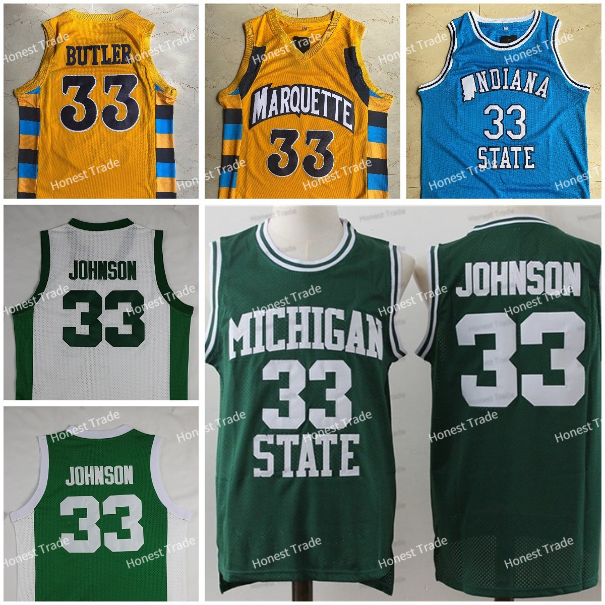 

Marquette Golden 33 Jimmy Butler Jersey Indiana State Sycamores 33 Larry Bird JOHNSON 33 Michigan White Blue Green Mens Stitched Jerseys NCAA, 33 butler yellow