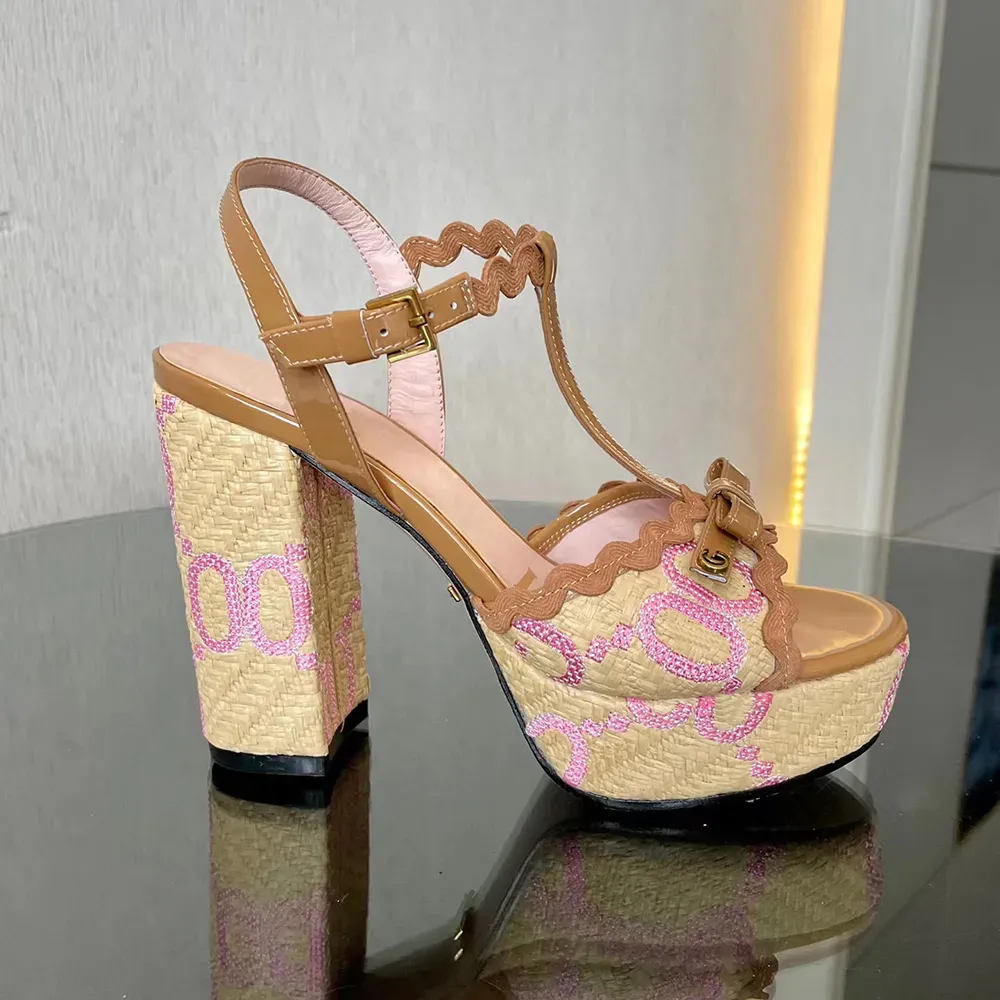 

2023 Lafite weaving sandals Embroidery Embellished Ankle strap platform Pumps chunky high Heels sandal12CM high Heeled women sandal Luxury Designers, Red 1#