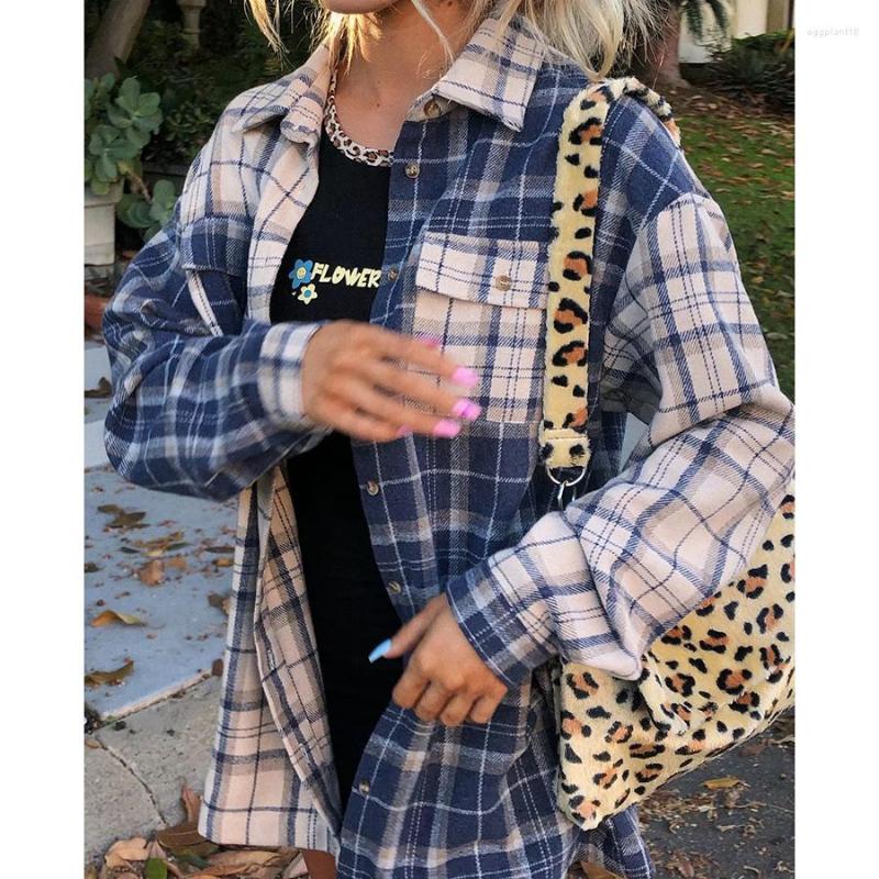 

Women' Blouses GypsyLady Check Plaid Blouse Shirt Women Vintage Chic Loose Autumn Causal Pockets Blue Long Sleeve Ladies Tops