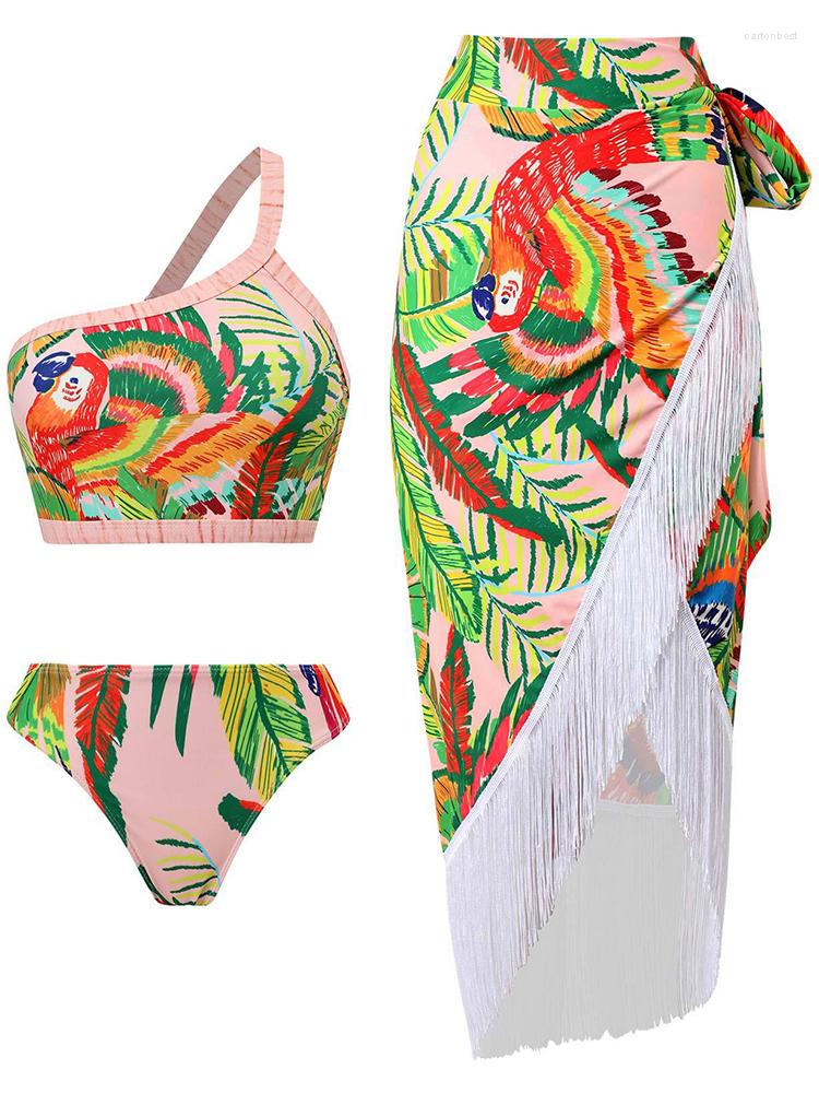 

Work Dresses Fitshinling Fringe Boho Beach Outfits Swimwear Print Summmer 3 Pieces Matching Sets One Shoulder Sexy Swimsuit Skirt Suit, Mixed color