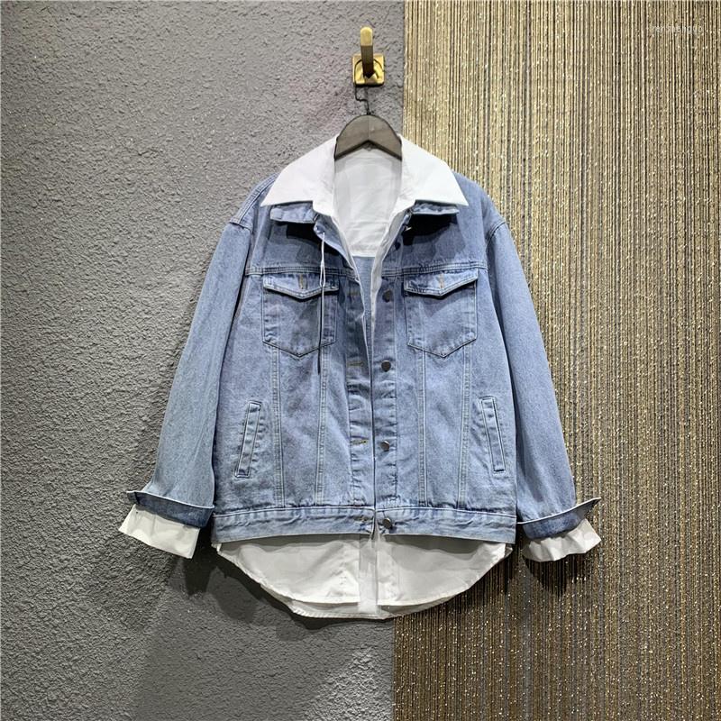 

Women's Jackets Summer 2023 Spring Fashion Fake Two Pieces Washed Denim Jacket Women's Loose Slim Casual Short Jean OuterWear Street, Blue
