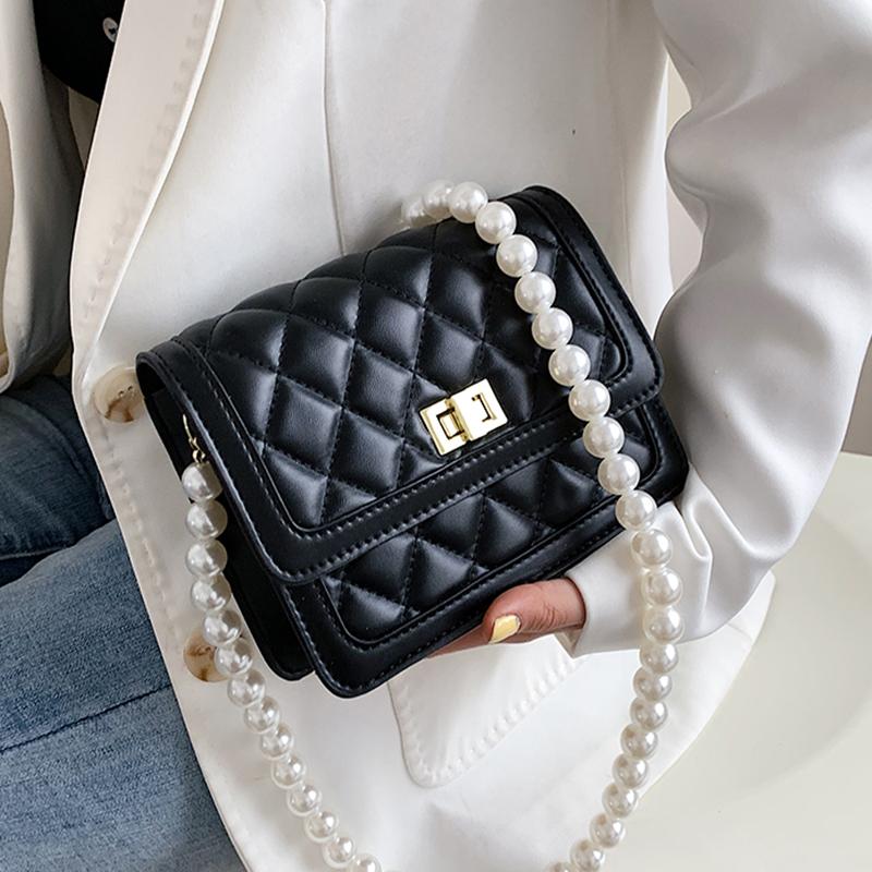 

Evening Bags 2023 Lattice Bag Square Summer Crossbody High-quality PU Leather Women's Designer Handbag Pearl Strap Shoulder Messenger, Black