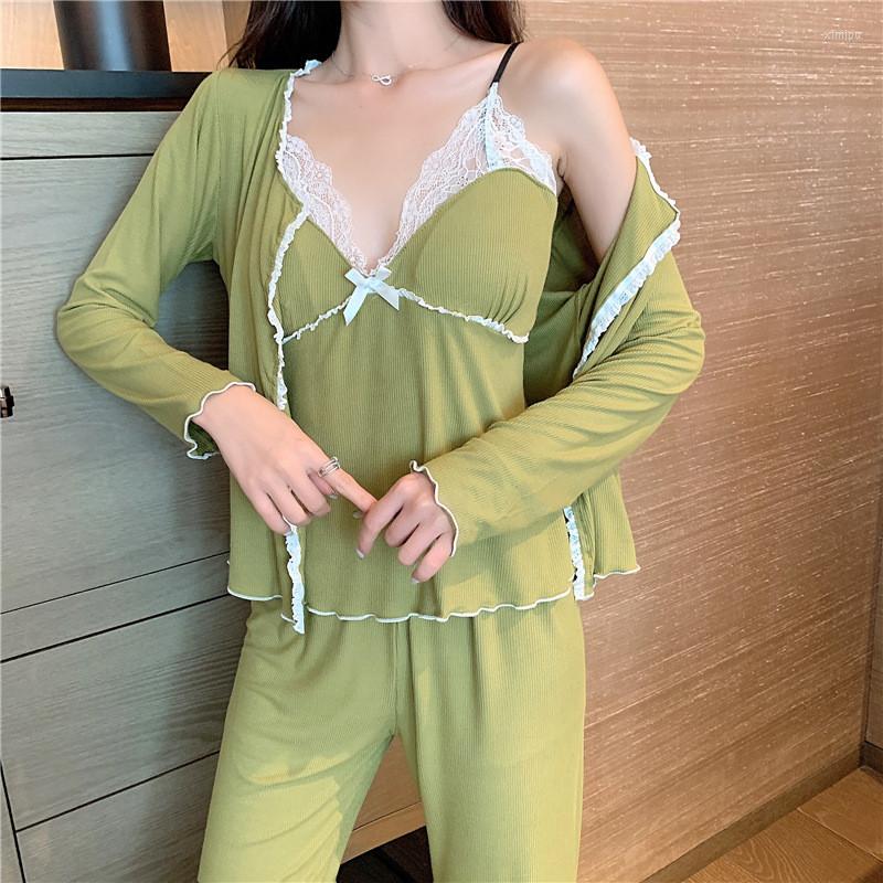 

Women's Sleepwear 2023 Multicolor Sexy Women's Low Chest V-neck Suspender Pajamas Robes Pants Three Piece Breathable Cotton, Black
