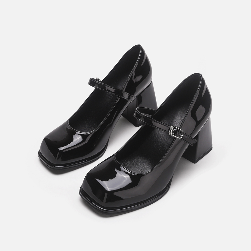 

Dress Shoes Patent Leather Pumps Fashion Square Toe Thick Heel Women Kawaii Lolita Ankle Buckle Shoes Mary Jane Shoes 230225, Black