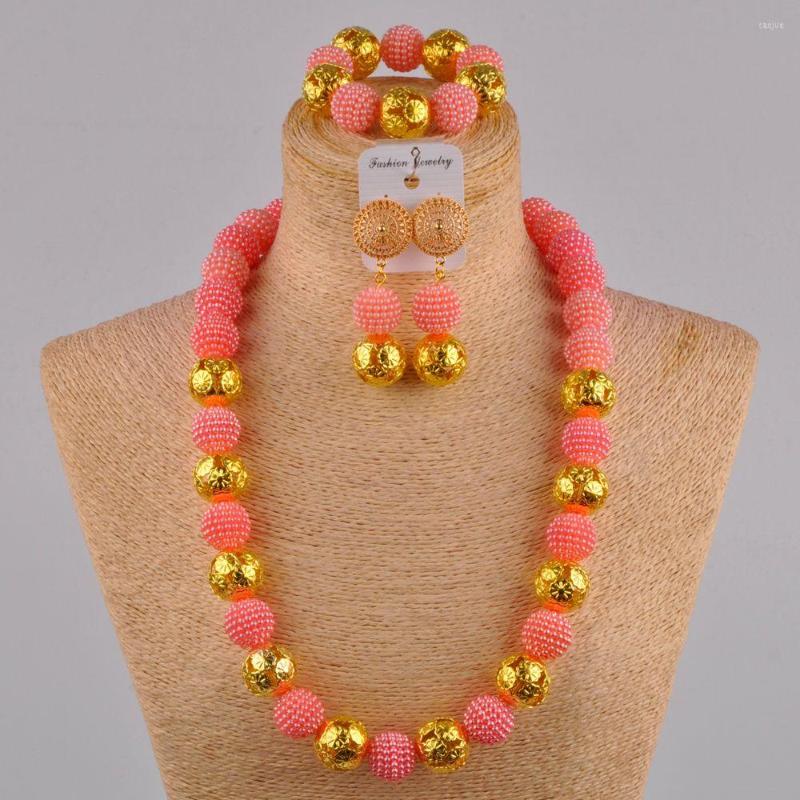 

Necklace Earrings Set 24 Inches Peach Simulated Pearl Jewelry Nigerian African Wedding Beads FZZ34, Picture shown