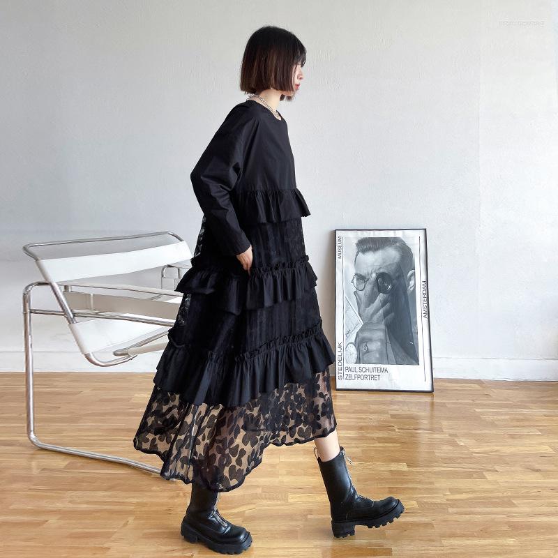 

Casual Dresses Female Elegant Black Long Sleeve Dress For Spring Lace Irregular O-Neck Loose Pullovers