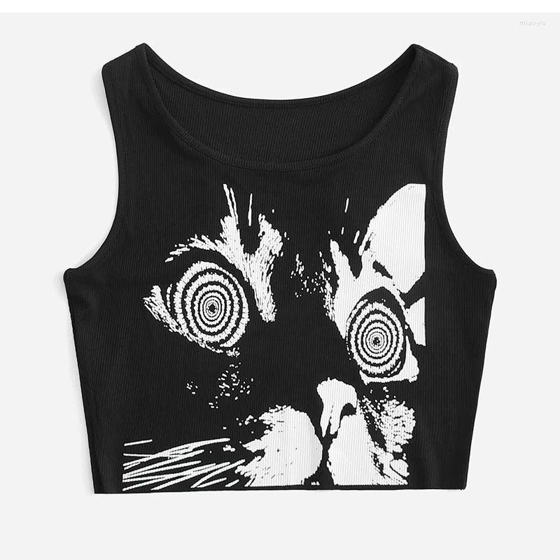 

Women's Tanks Y2k Grunge Print Sleeveless Sexy Tank Top For Women Ribbed Knit Vest Streetwear Aesthetic Clothing Female Crop 2000s, Black