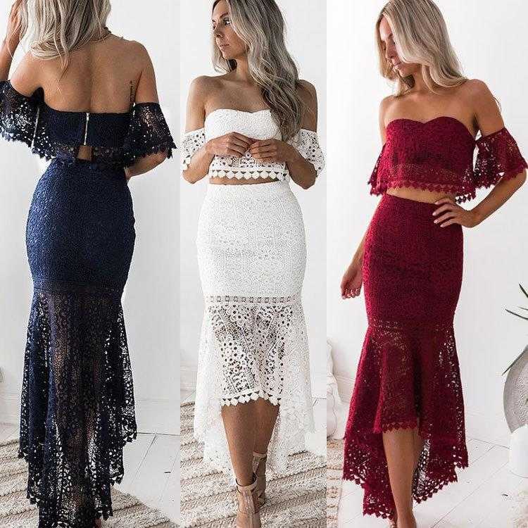 

Womens Lace Sexy Dress Bandeau Backless Pencil Skirt Two Piece Set, White
