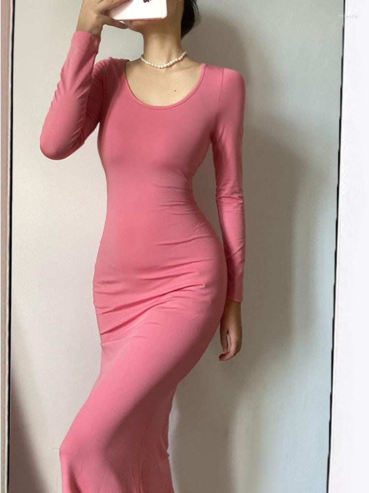 

Casual Dresses O Neck Sweet Pink Slim Robe Elegant Office Lady Maxi Long Dress Sexy Korean Women Tops 2023 High Waist 9A28, Black