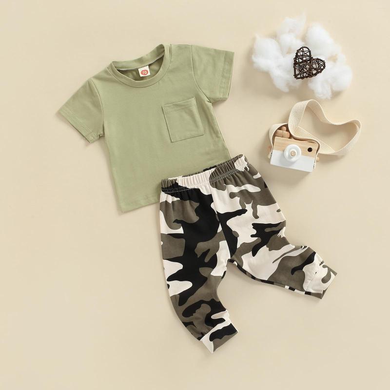 

Clothing Sets 1-3 Years Short Sleeve 2 Pcs Set Baby Boy Pants Suit Round Neck Solid Color T-shirt Camouflage Printed Trousers, Picture shown