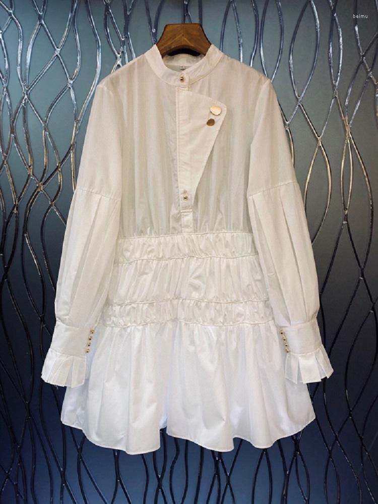 

Casual Dresses Ball Gown Dress 2023 Spring Summer High Quality Designer Women Pleated Stitching Deco Long Sleeve White Rose Red Club