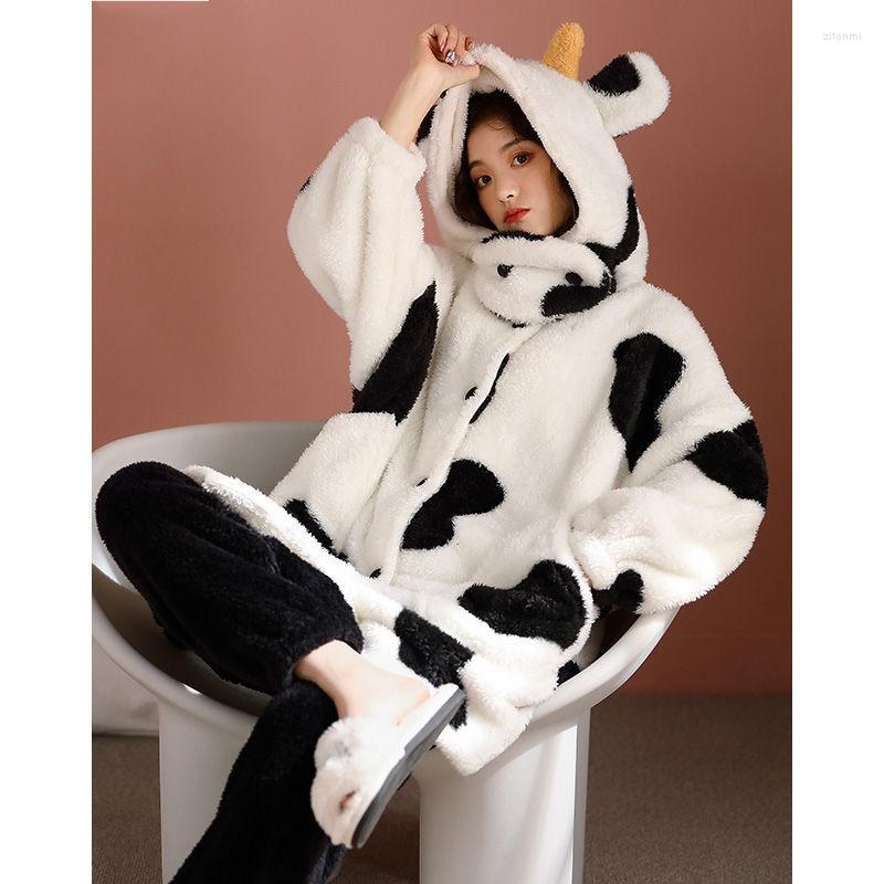 

Women's Sleepwear Pajamas Woman Winter Cute Korean Cartoon Cow Thicken Plus Fleece Flannel Home Service Loungewear, Pajamas set 2