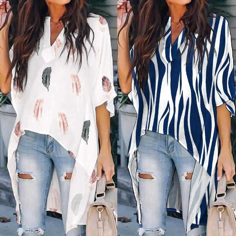 

Summer Womens Clothing Blouses Printed V Neck Batwing Sleeve Casual Irregular, White