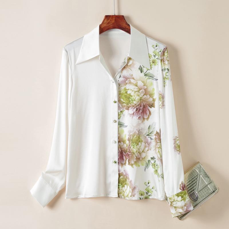 

2023 Spring Black / Ivory Floral Print Silk Blouse Shirt Long Sleeve Lapel Neck Buttons Single-Breasted Soie Top Shirts R3F217723, White