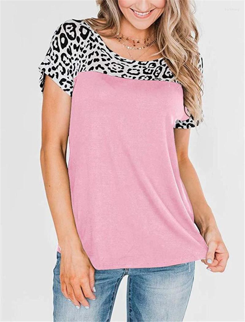 

Women's T Shirts Summer Short Sleeves Tee Women Casual Tops Fashion Shirt Ropa Mujer Leopard T-shirt Stitching Top, Pink