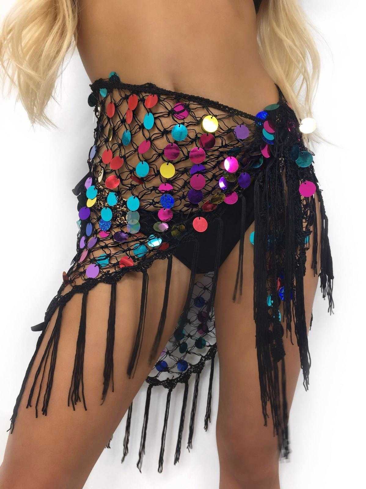 

Colorful Sequined Crocheted Skirt Lace Up Sexy Cutout Beach Tassel For Women, Royal blue